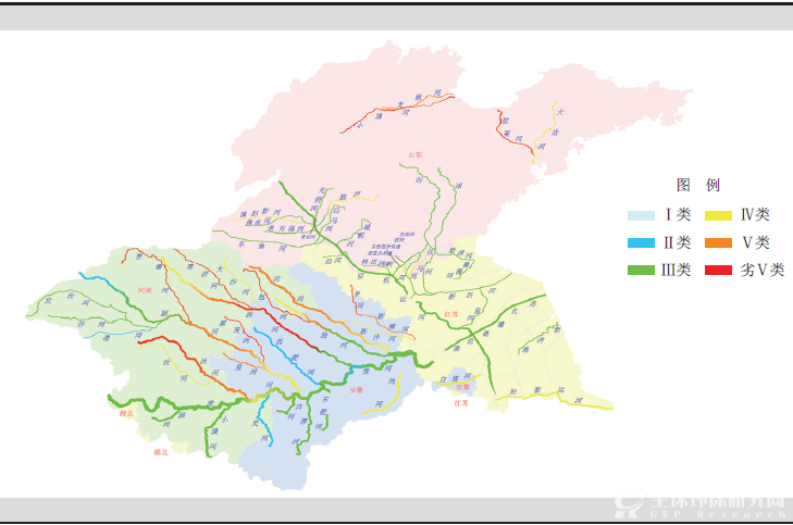 2013年淮河流域水质分布示意图